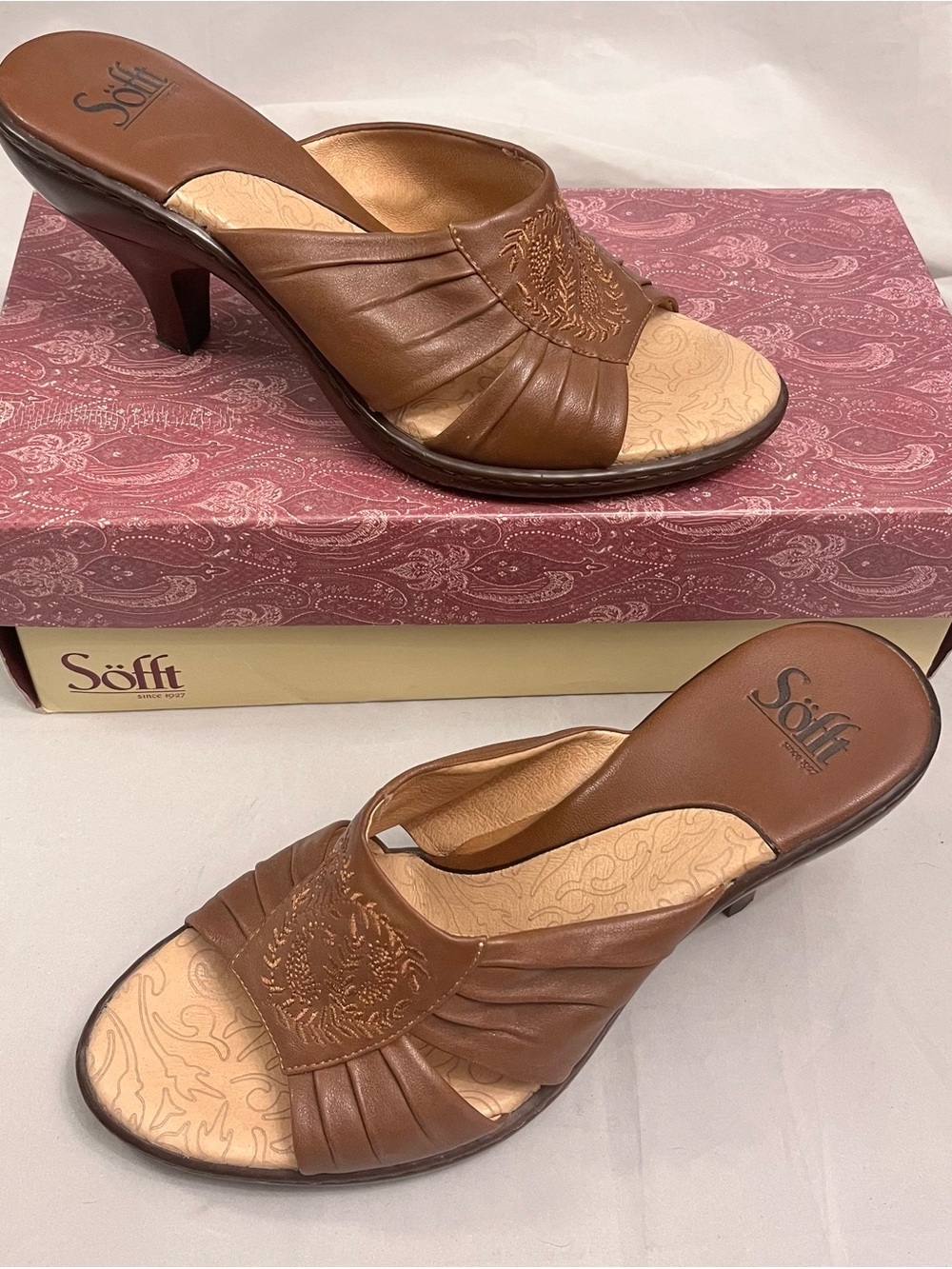 Sofft Noel Brown Leather Open-Toe Heeled Mule 8.5